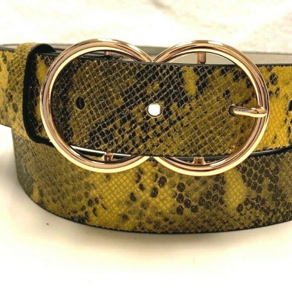 Mustard Snake Leather Belt w Rose Gold Buckle